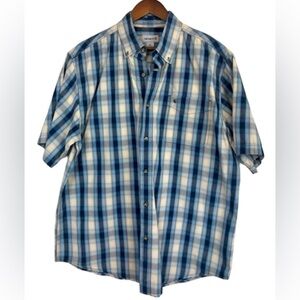 VINTAGE CARHARTT Men Short Sleeve Button Down Shirt Plaid Blue Check Extra Large